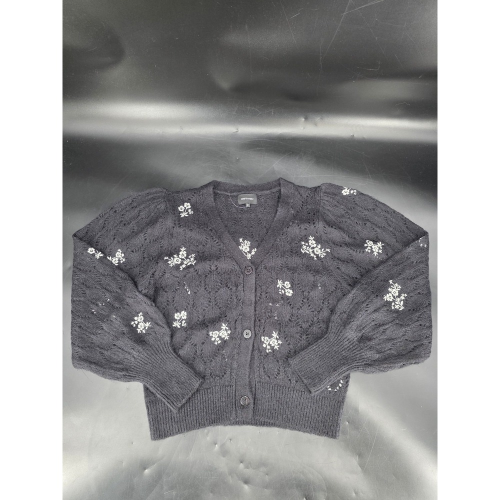 Y2K Driftwood Black Flowers Intarsia‎ Cardigan Sweater Size M V Front